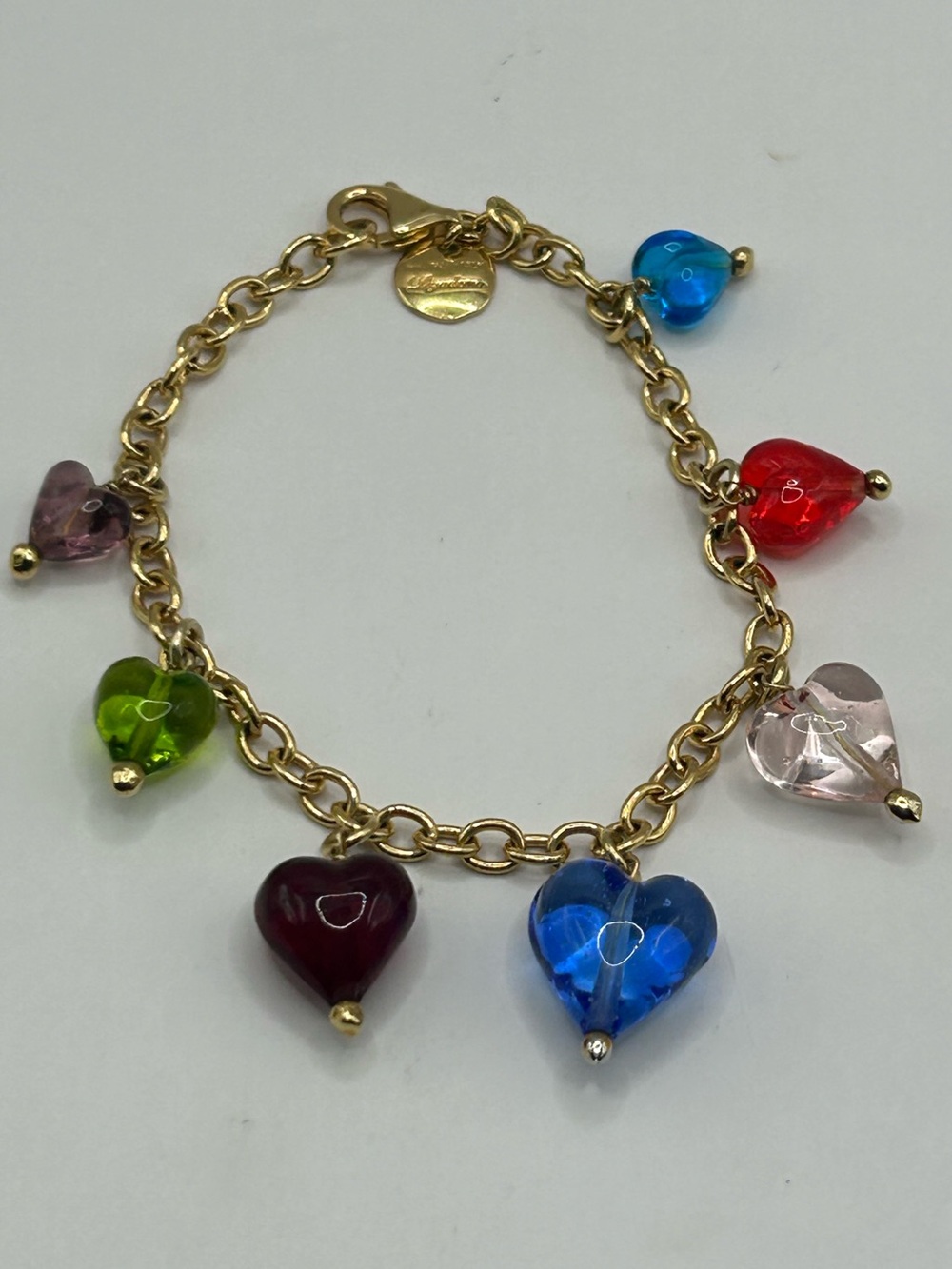 Glass Heart Gold over Sterling Charm Bracelet